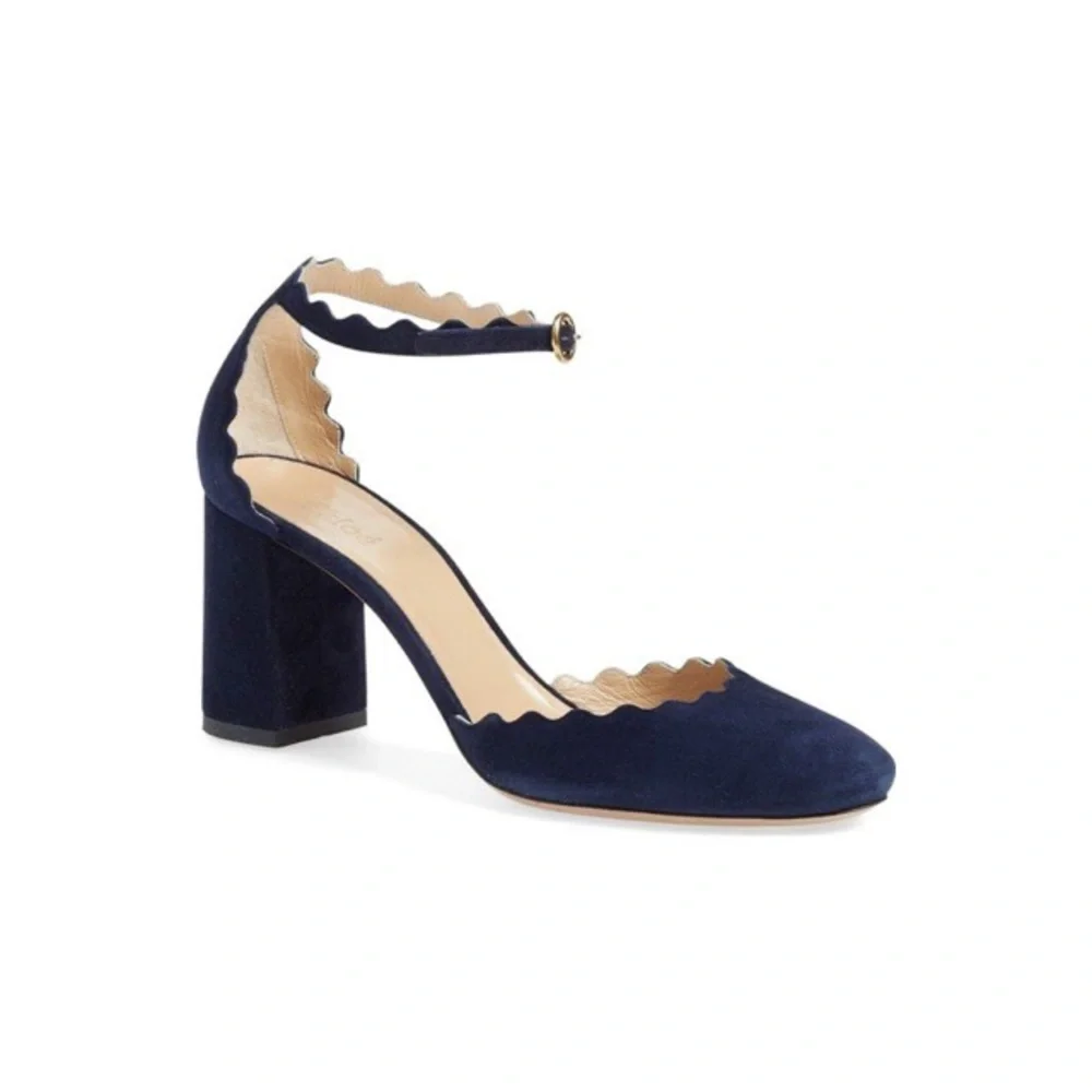 Chloé | Women's Navy Lauren Scalloped Suede D'orsay Block Heel Pumps - Picture 1 of 9